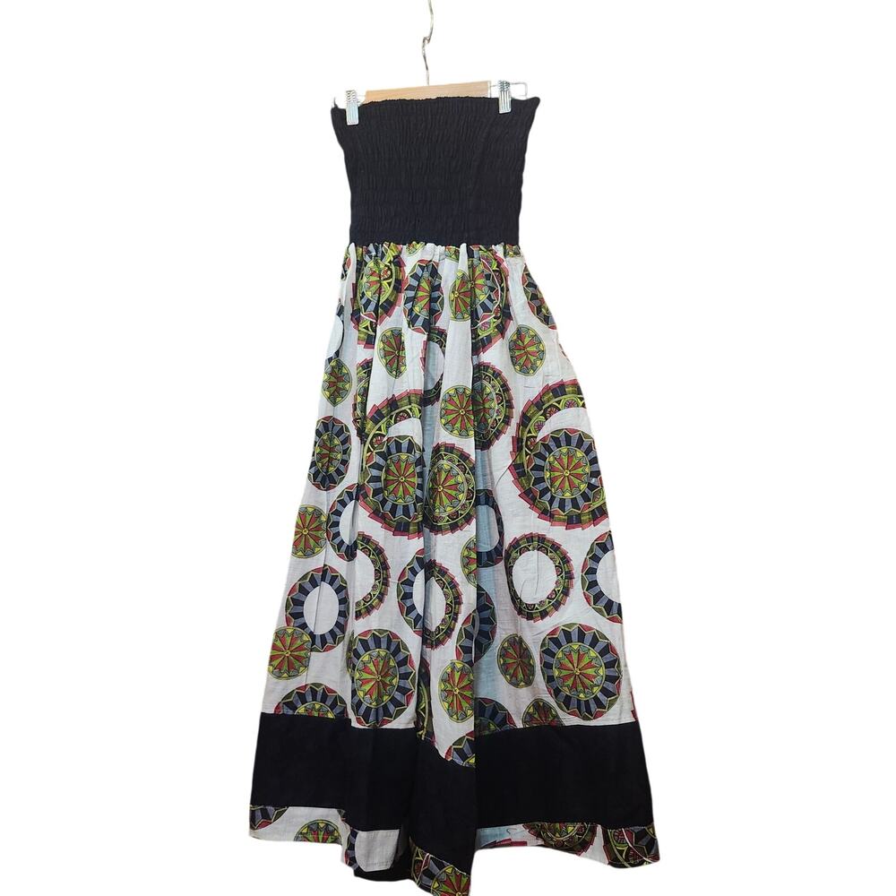 Womens Vintage Strapless cotton Geo Print Midi Length Dress